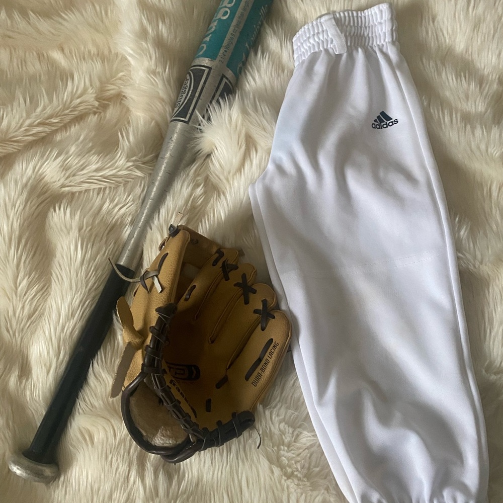 Adidas White bottoms, Tee Ball Bat, Glove Bundle